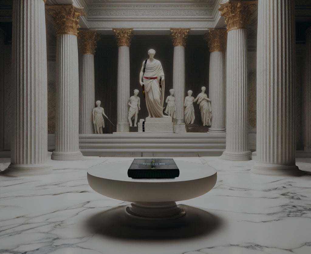 ancient statues in a marble hall with tall columns and a round pedestal table in the center