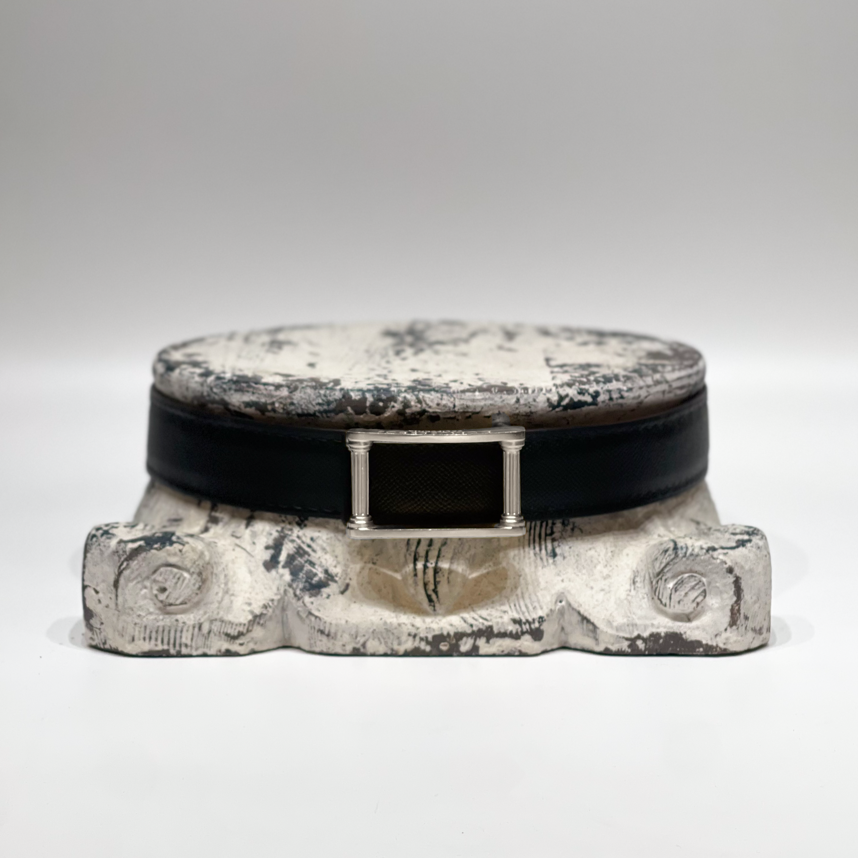 Columnas Belt black leather double-sided strap with platinum plated two pillar buckle handcrafted in California