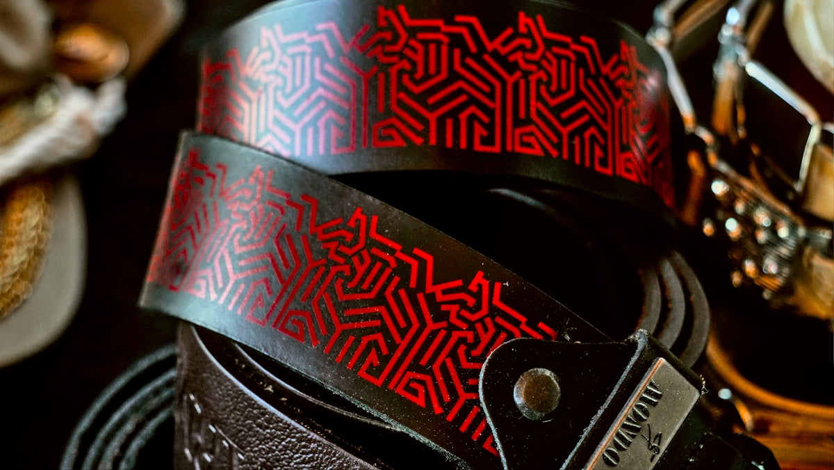 A close up of a leather belt on a table