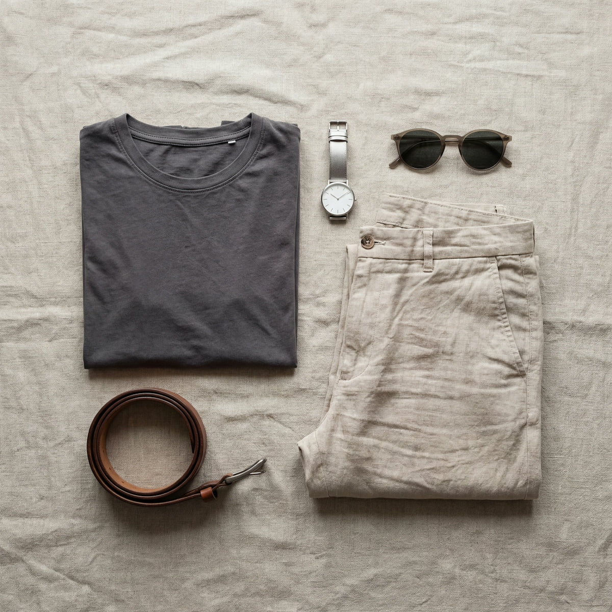 Flat lay of casual men's clothing and accessories.